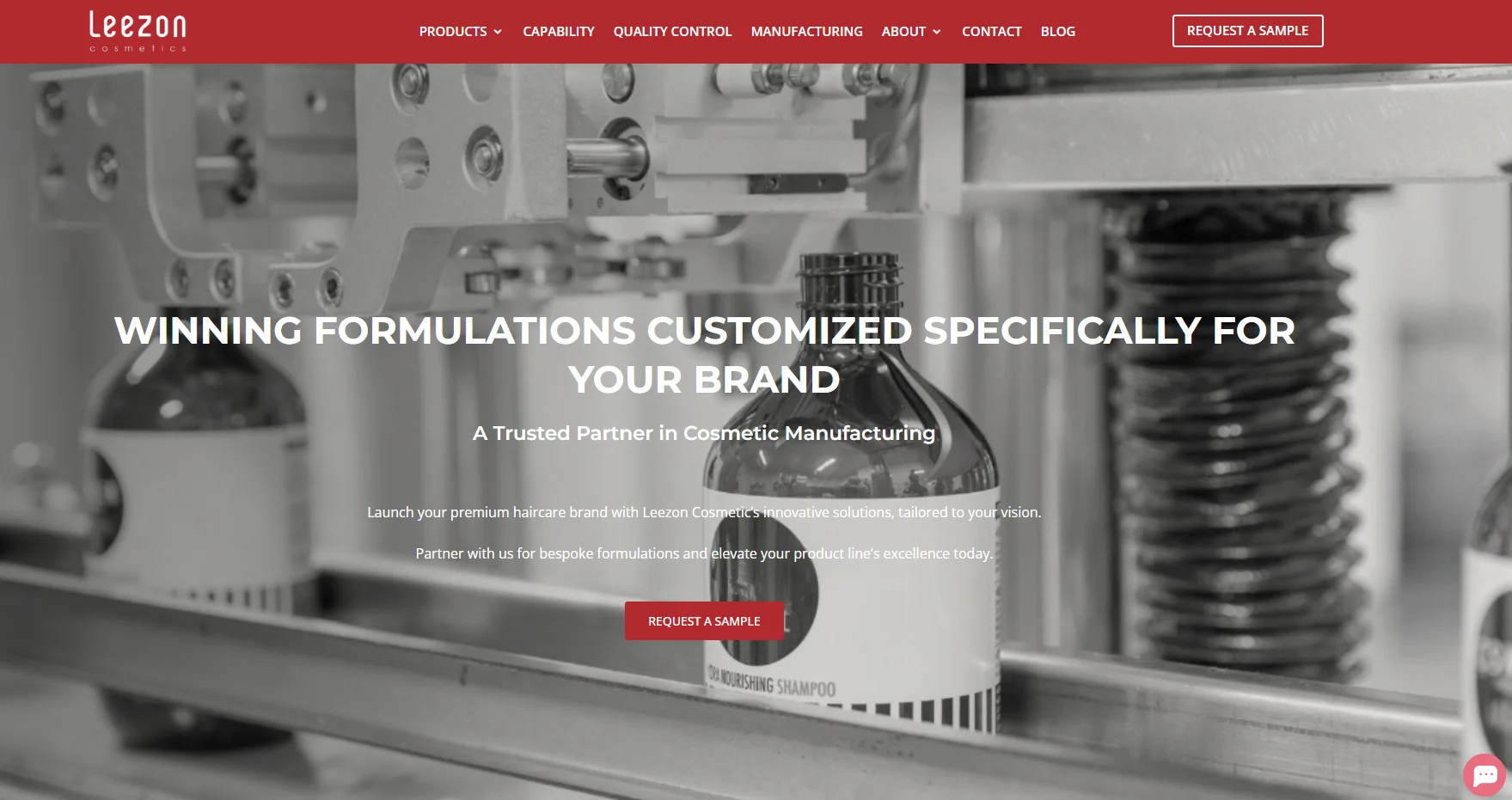 Leezon Cosmetics homepage with machinery and bottles, highlighting customized formulations for brands.